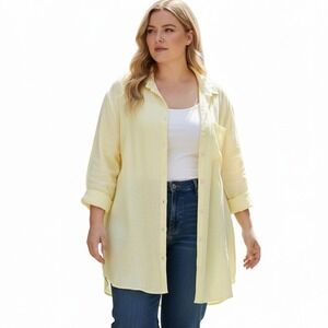 FLAX 100% Linen Button Down Tunic Shirt Cover Up Yellow Oversized Plus Size 3G